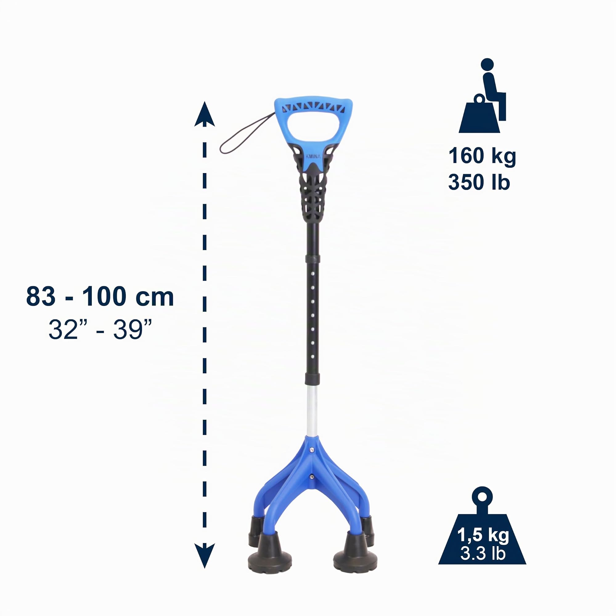 KMINA Vierfuß Spazierstock Gehstock (Schwer und Stabil 1,5 kg), Ergonomischer Griff, Verstellbare Benutzer >1,55m Höhe, Patentiertes Design - Made in Europe