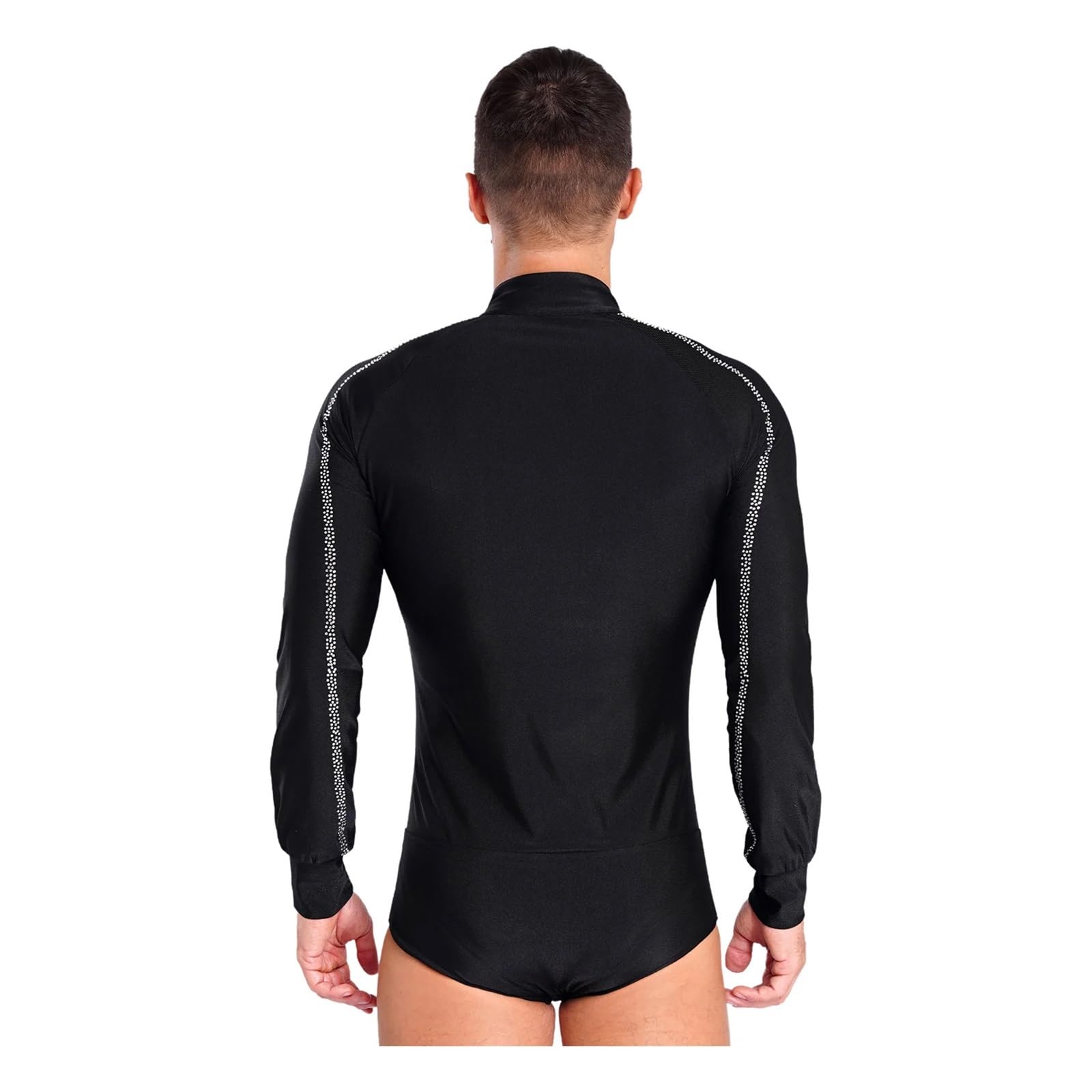 Maillot de Danza para Hombres Traje de competición de Ballet Latino for Hombre, Manga raglán, Cuello Alto, Botones y Brillantes Diamantes de imitación(Black,L)
