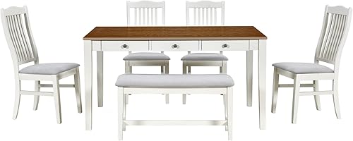 Miniatura 2 de SOFTSEA Juego de mesa de comedor rústica de 6 piezas, mesa de cocina de madera maciza con 4 sillas tapizadas y banco, juego de comedor rústico con