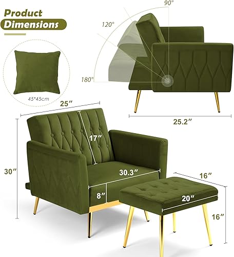 Miniatura 10 de Silla decorativa de terciopelo con respaldo y reposabrazos ajustables, sillón reclinable individual con otomana y patas mentales doradas para sala