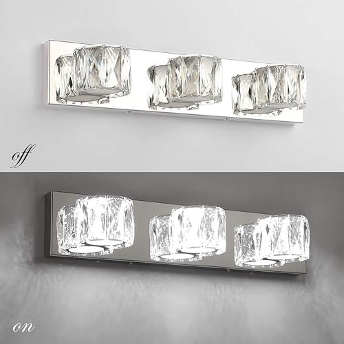 Miniatura 5 de Aipsun 3 luces de cristal para tocador sobre espejo, modernas luces LED para tocador de baño, accesorios de iluminación (luces blancas)