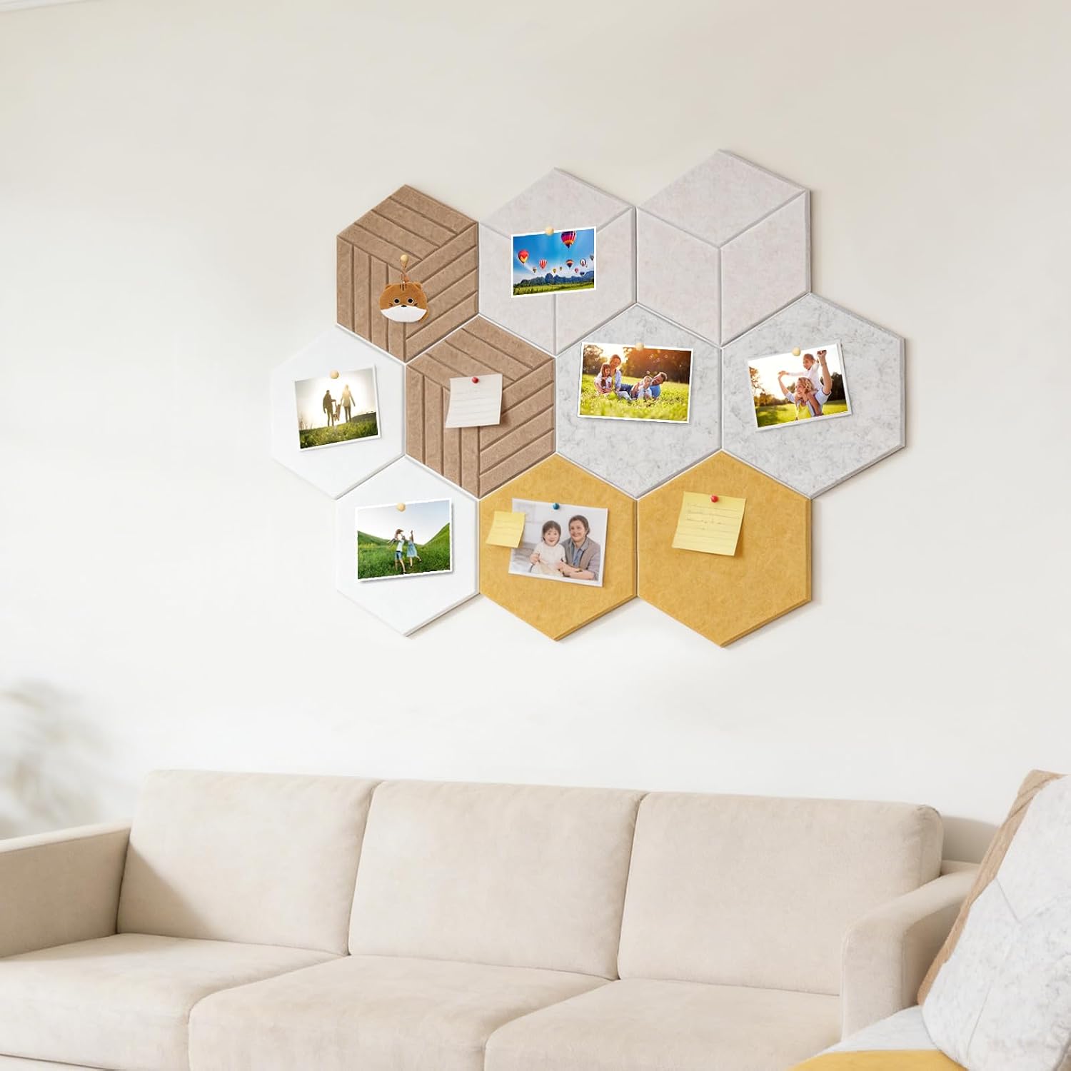 Hexagon Cork Boards for Walls, 10 Pack Bulletin Board for Office Wall Decor, 12'' Large Felt Cork Board Tiles Adhesive, Photo Tiles Notice Board with 30 Push Pins, for School Home Photo Memo Decor