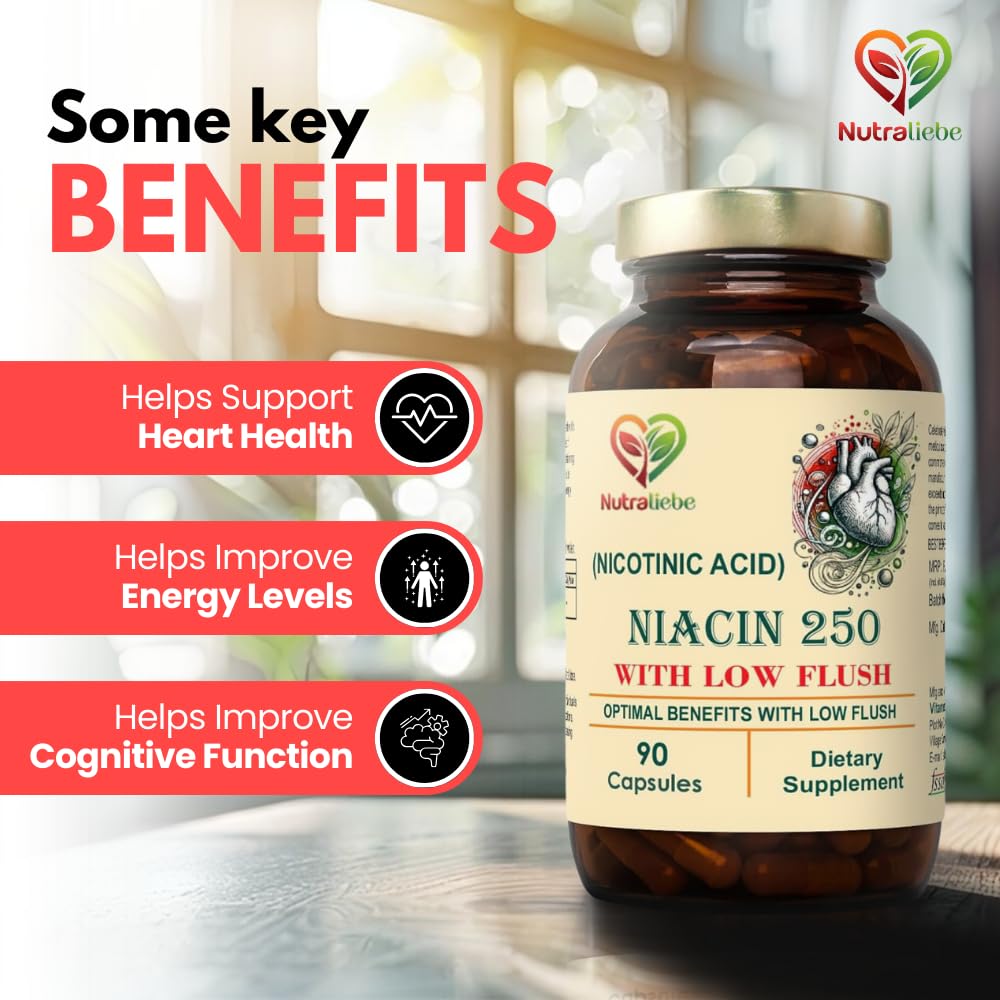 NutraLiebe Niacin Nicotinic Acid - Moderate Dose, Low Flush Formula, 90 Capsules for Cardiovascular and Energy Support 1