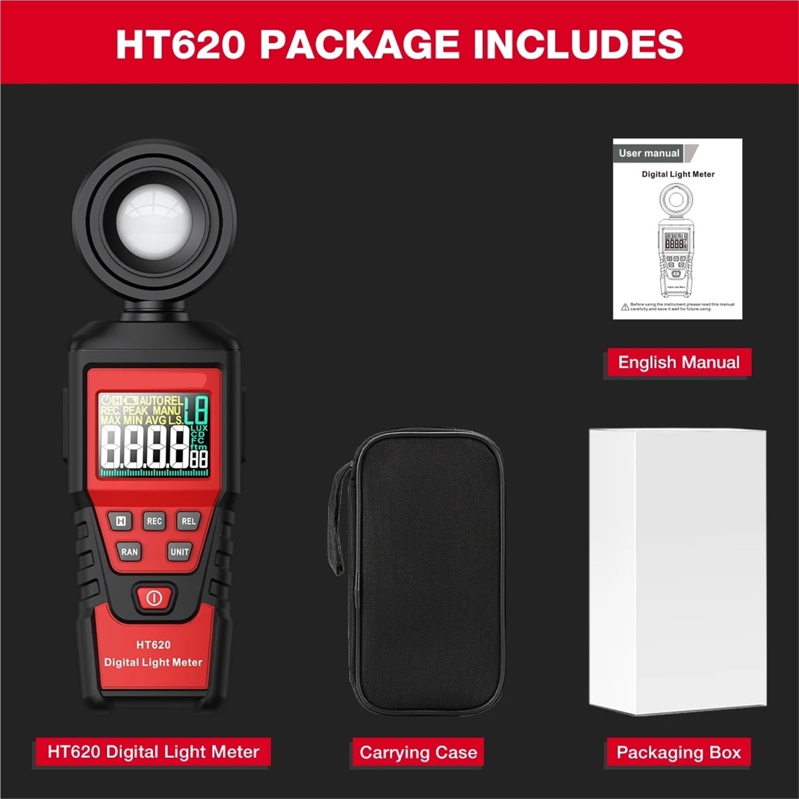 Medidor de luz Digital, Luxómetro Digital HT620 De Alta Precisión Profesional 180° con Sensor Luz Giratorio. Fotómetro Lux para Plantas de Interior y jardín, fotografía(HT620L)