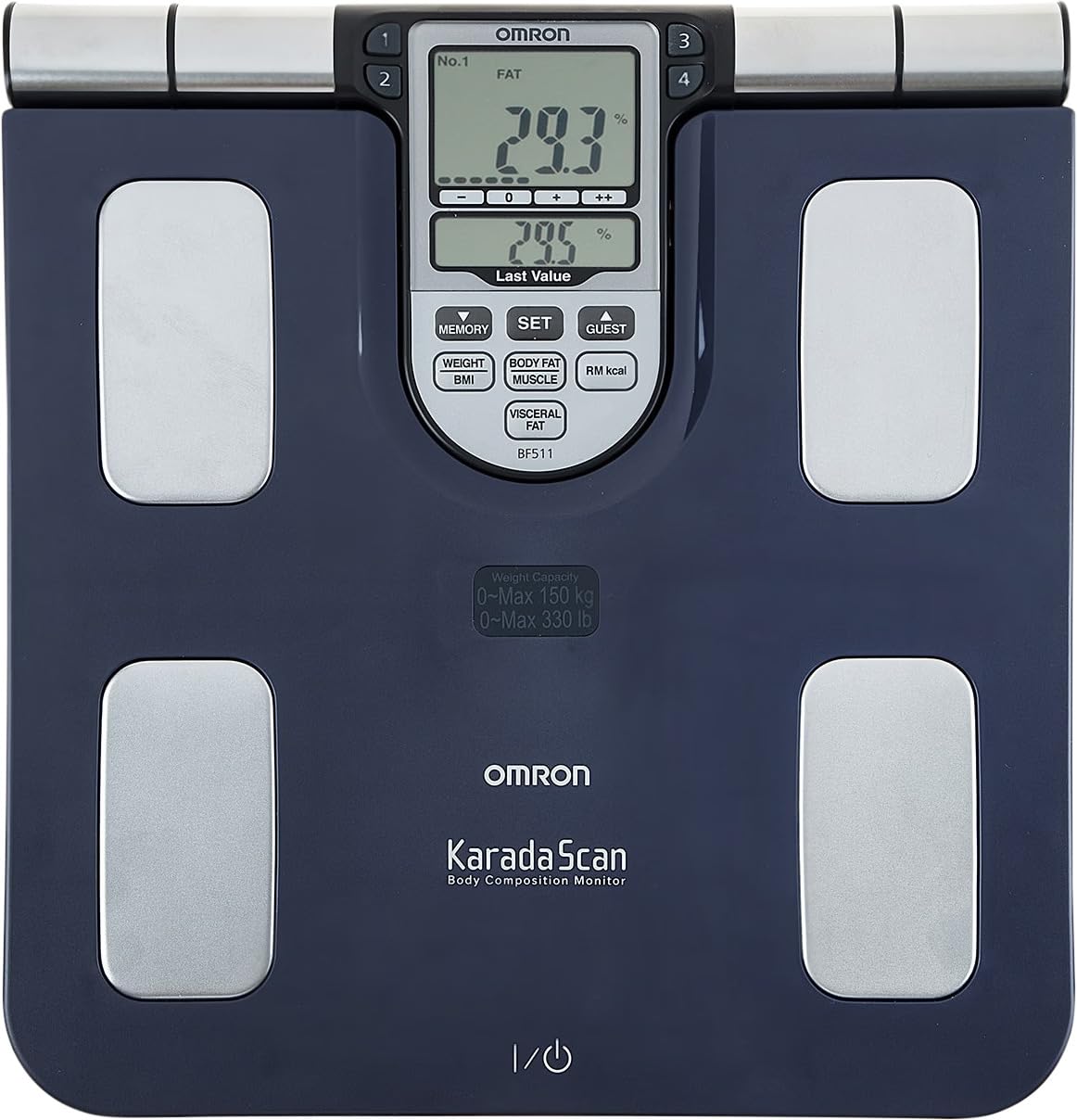 OMRON BF511 Analizzatore di composizione corporea clinicamente validato con 8 sensori ad alta precisione per misurare il corpo. Bilancia pesapersone digitale e di precisione.
