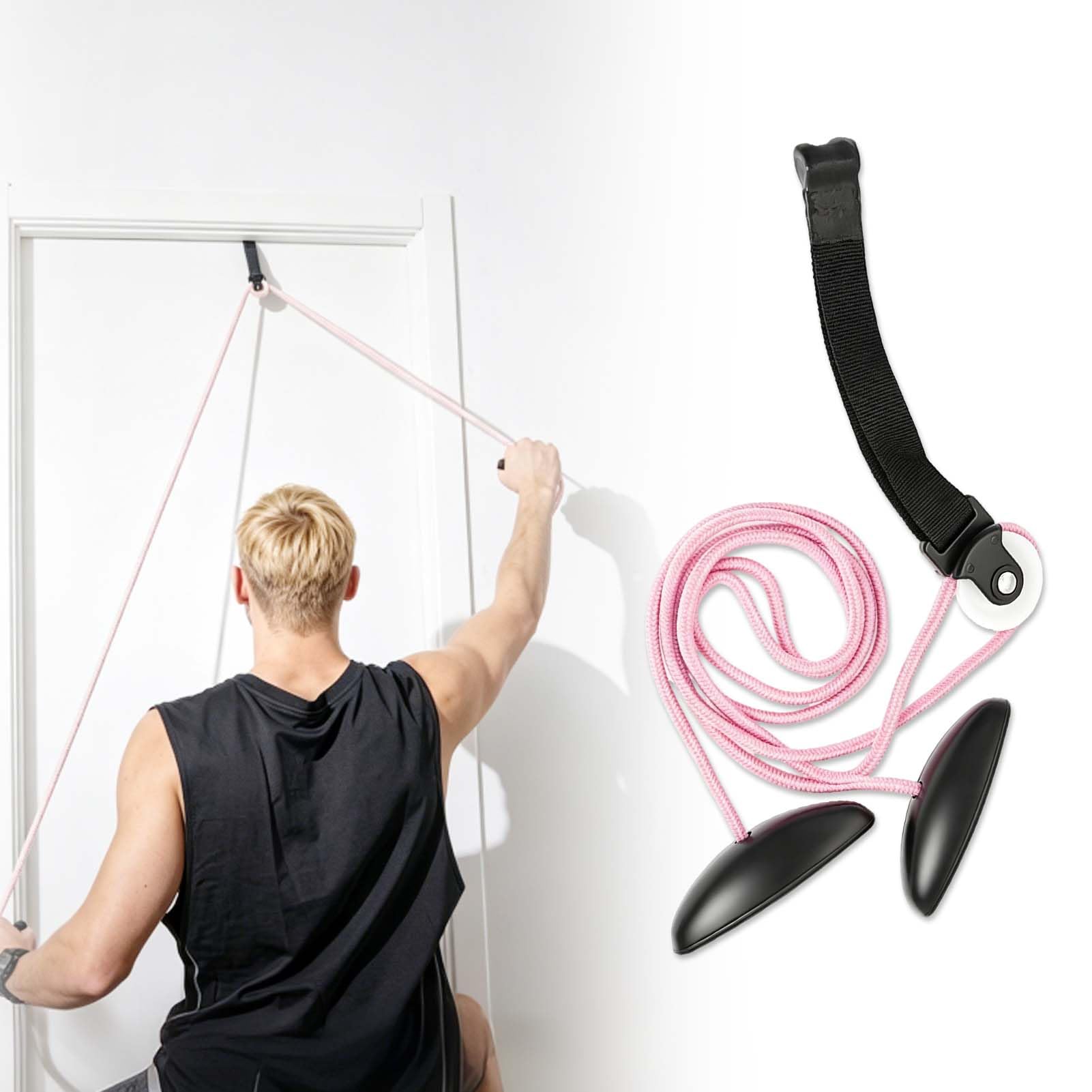 Shoulder Pulley Over Door System, Arm Exercise Pulley for Stretching Mobility Training, Adjustable Rope Fitness Equipment with Foam Handles, Portable Upper Body Workout for Home Office Use Pink