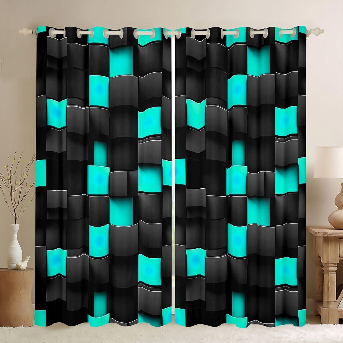 Geometric Grid Window Curtain Set of 2 Panels,Black Cyan Construction Pattern Window Drapes,Building Blocks Theme Blackout Curtains for Kids Adults Bedroom Decor,Colorful Building Style 38Wx45L