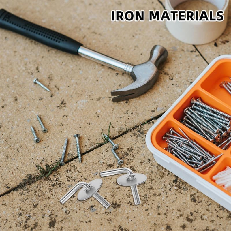 STOBAZA fan pedestal screws on a concrete surface next to a hammer and a container of various screws, highlighting their iron material.