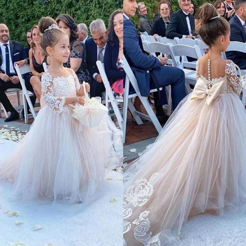 Abaowedding Lace Embroidery Sheer Long Sleeves Kids Trailing Gowns - Image 2