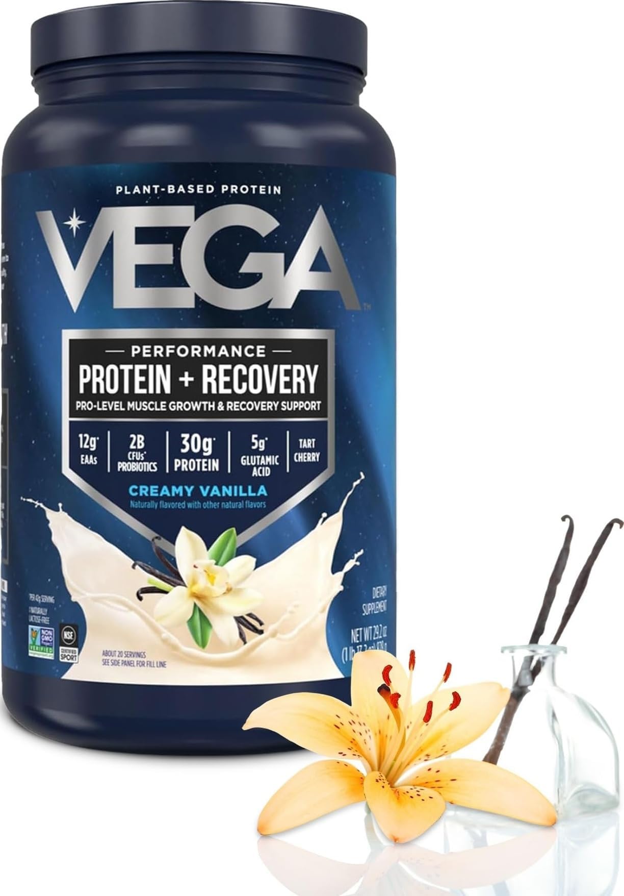 Protein + Recovery, Vanilla – 30g Vegan Protein, Dairy & Gluten Free, Probiotics, NSF Certified, 28.8 oz (20 Servings)