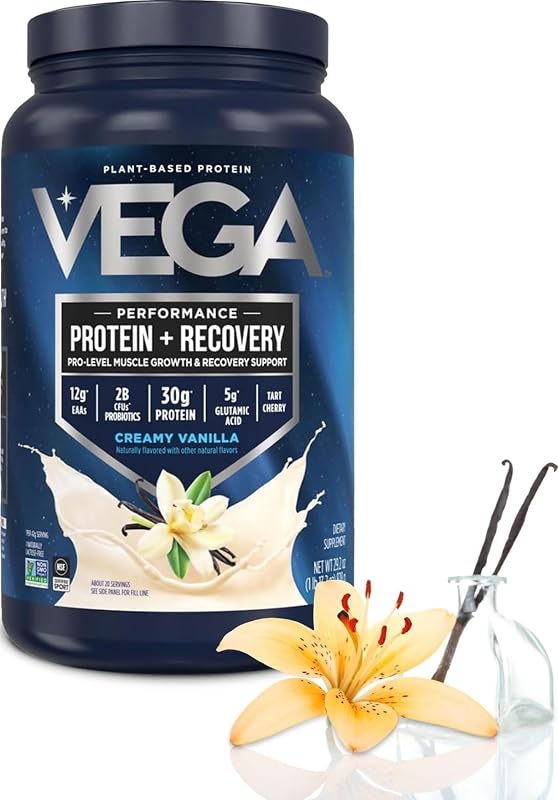Protein + Recovery, Vanilla – 30g Vegan Protein, Dairy & Gluten Free, Probiotics, NSF Certified, 28.8 oz (20 Servings)