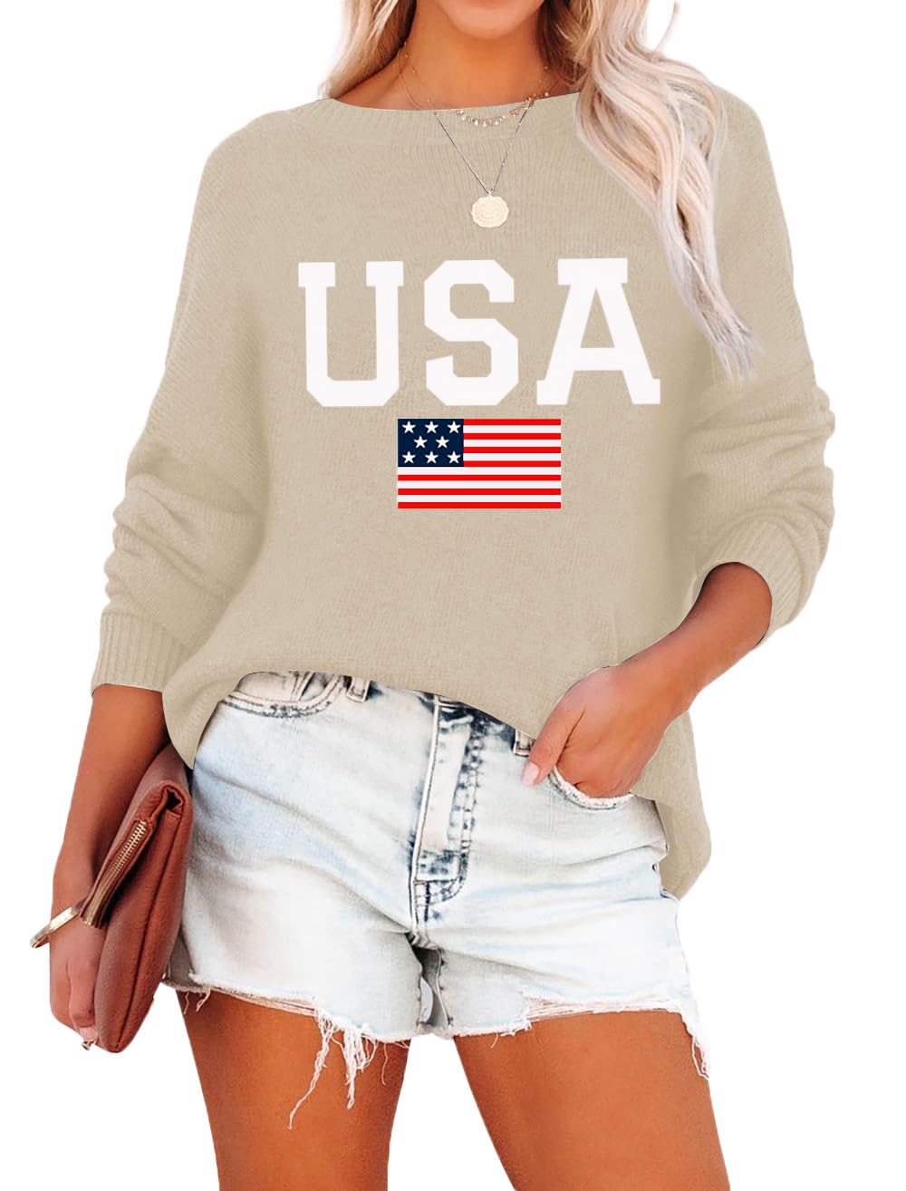 Womens Sweater Crewneck USA Graphic Long Sleeve Tops Lightweight American Flag Sweatshirt 4th of July Outfits-image-7