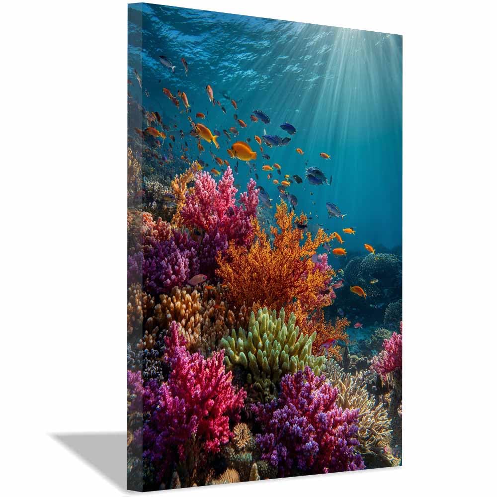 HOQIU Landscape wall art Colorful Corals Reef Fish canvas art, art print, house decor, bedroom wall decor above bed, prints for living room.(Multicolor)-70x100cm Framed