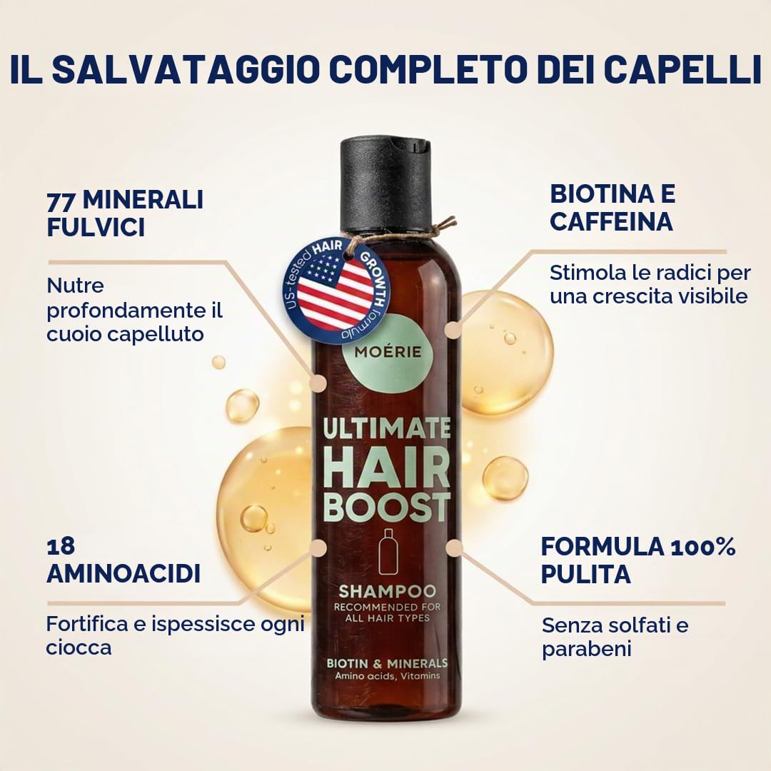Moérie shampoo crescita capello premium per lunghi e folti, volumizzante vegan-friendly senza parabeni o silicone per tutti, shampoo anticadulla uomo e donna (250 ml) x2