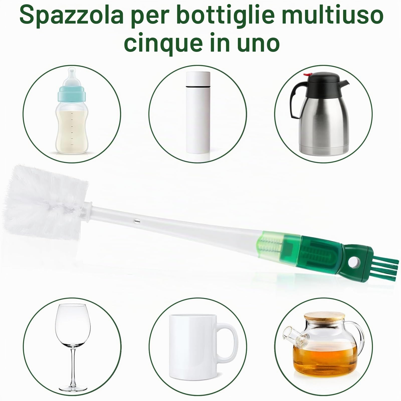 Spazzola per Pulizia Bottiglia D'acqua Multifunzionale 5 in 1 Spazzola per Biberon Spazzola a Manico Lungo con 5 Testine Set Spazzole per Pulizia per Biberon,Bottiglie Termiche,Cannucce (Verde)