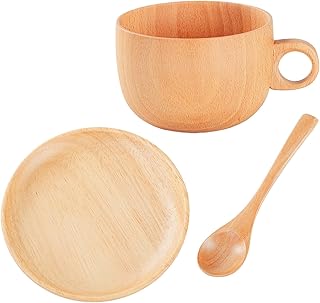 木製ティーカップ | 290ml 木製ナチュラルドリンクウェア スプーン付き,コーヒーカップとソーサーのセット - ウイスキー ビール アウトドア キャンプ ピクニック ホームパーティー ゴルフ 冬 バルコニー 中庭 ガーデン 公園用