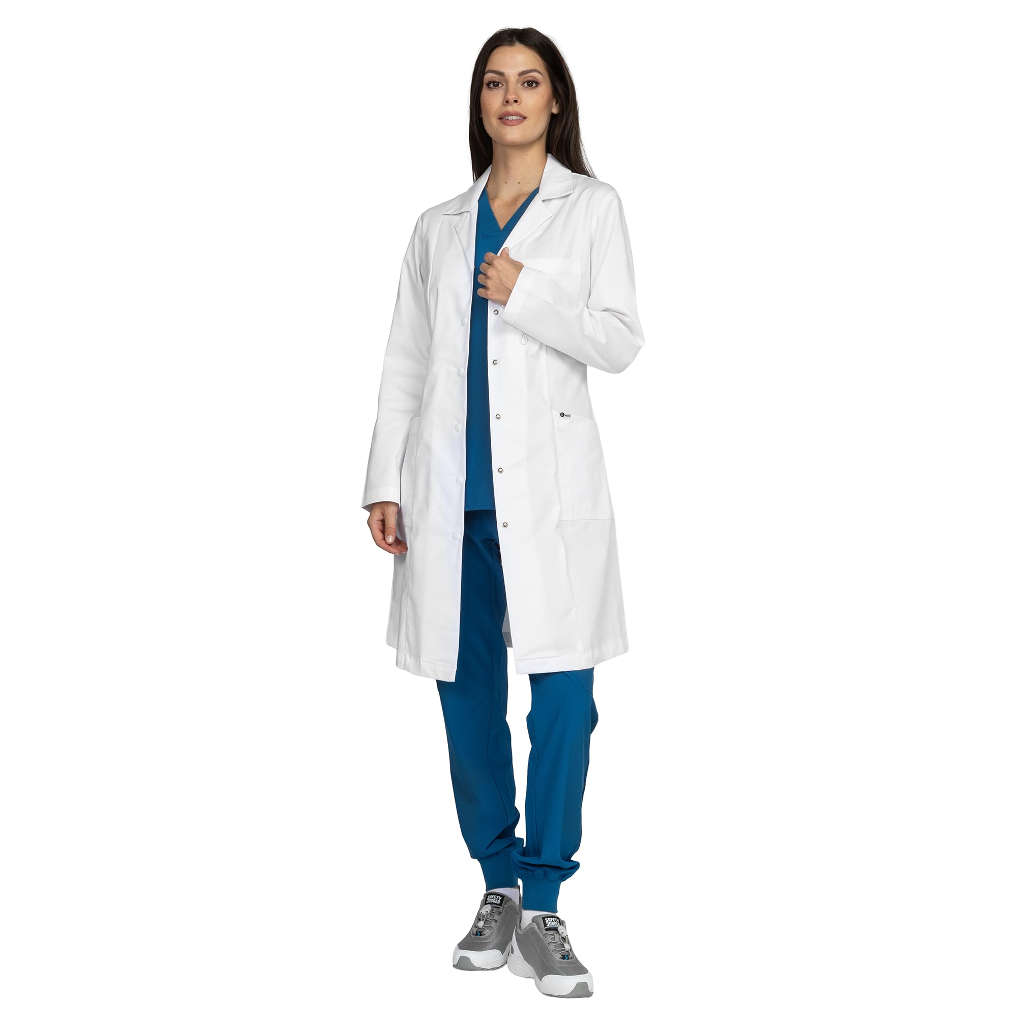 B-well Valeria profesjonalny fartuch damski z kołnierzem z odwracanym kołnierzem Valeria, damski fartuch laboratoryjny, z kołnierzem z klapą, długimi rękawami, 3 kieszeniami i ukrytym mocowaniem z