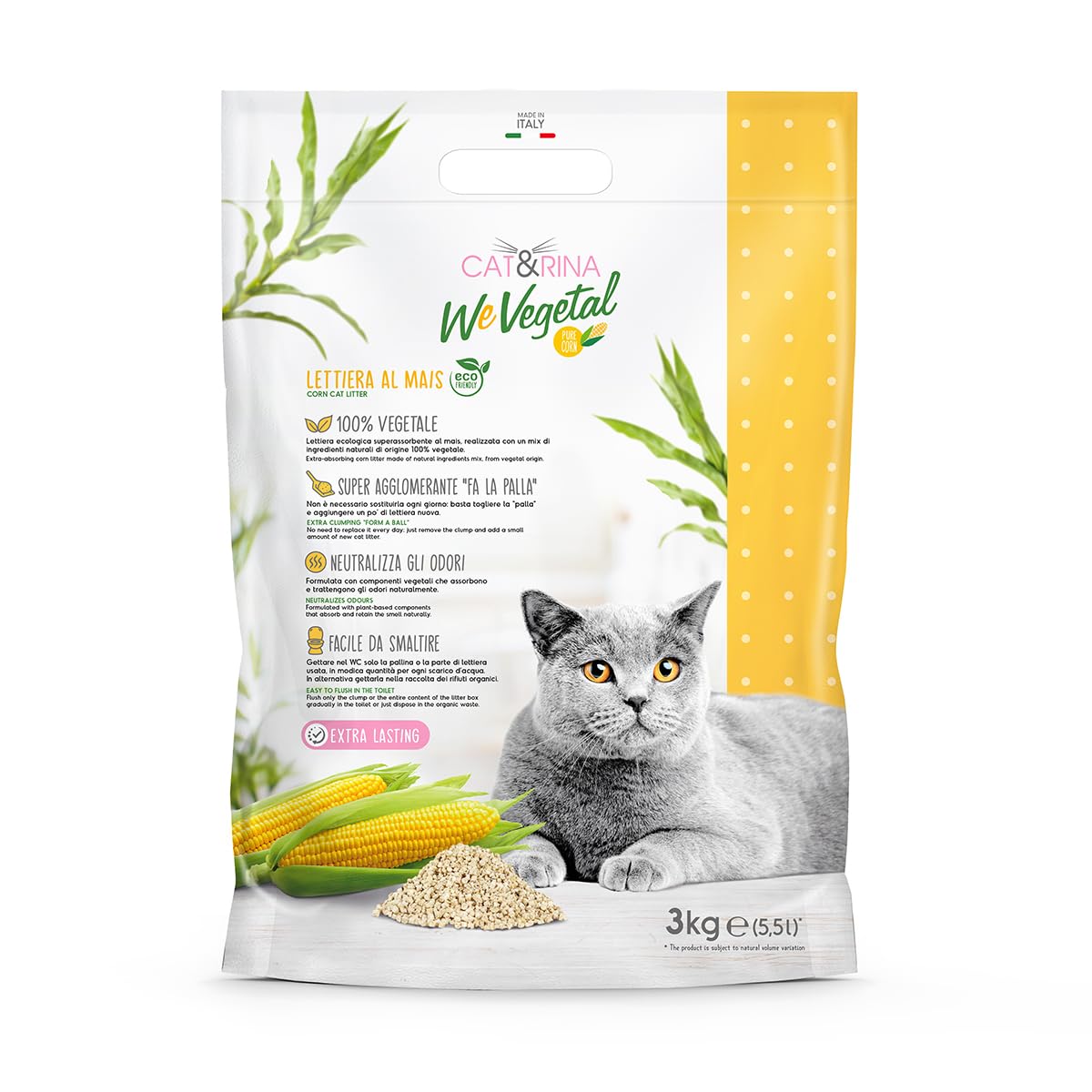 Cat&Rina WeVegetal żwirek dla kotów, 100% pochodzenia roślinnego, piasek kukurydziany, do 30 dni użytkowania, do użytku w organicznej lub toalecie, 6 opakowań