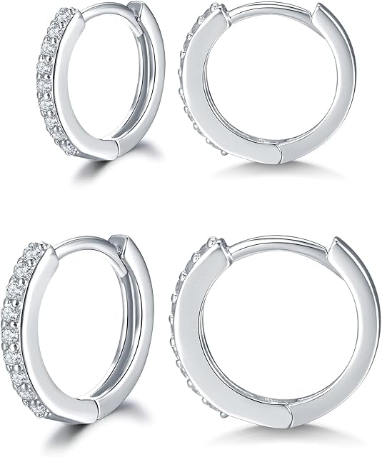Shuxin Silver Hoops Earrings for Women, 925 Sterling Silver Hoop Earrings Set with AAA Cubic Zirconia, Unisex Small Sleeper Huggie Hinged Hoop Earrings for Men Ladies Girls, Diameter 10, 12, 14mm