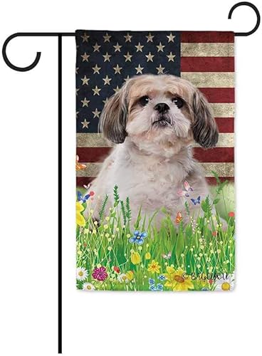 BAGEYOU Bandera de jardín con bonito diseño de cachorro, Shih Tzu, con diseño de perro y mascota, bandera de Estados Unidos, flores silvestres,