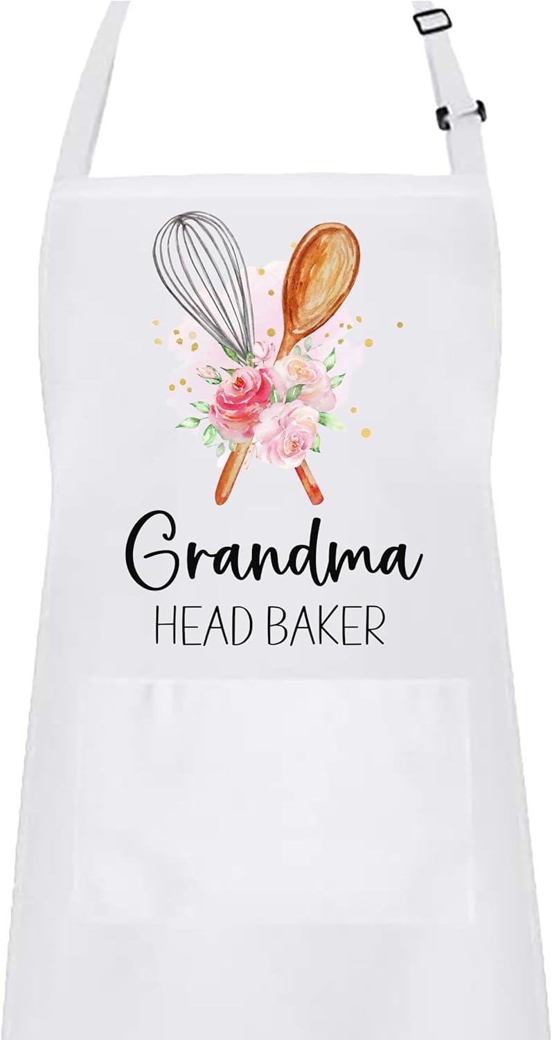 Personalized Floral Spoon Whisk Baking Kitchen Apron, Adjustable 2 pockets
