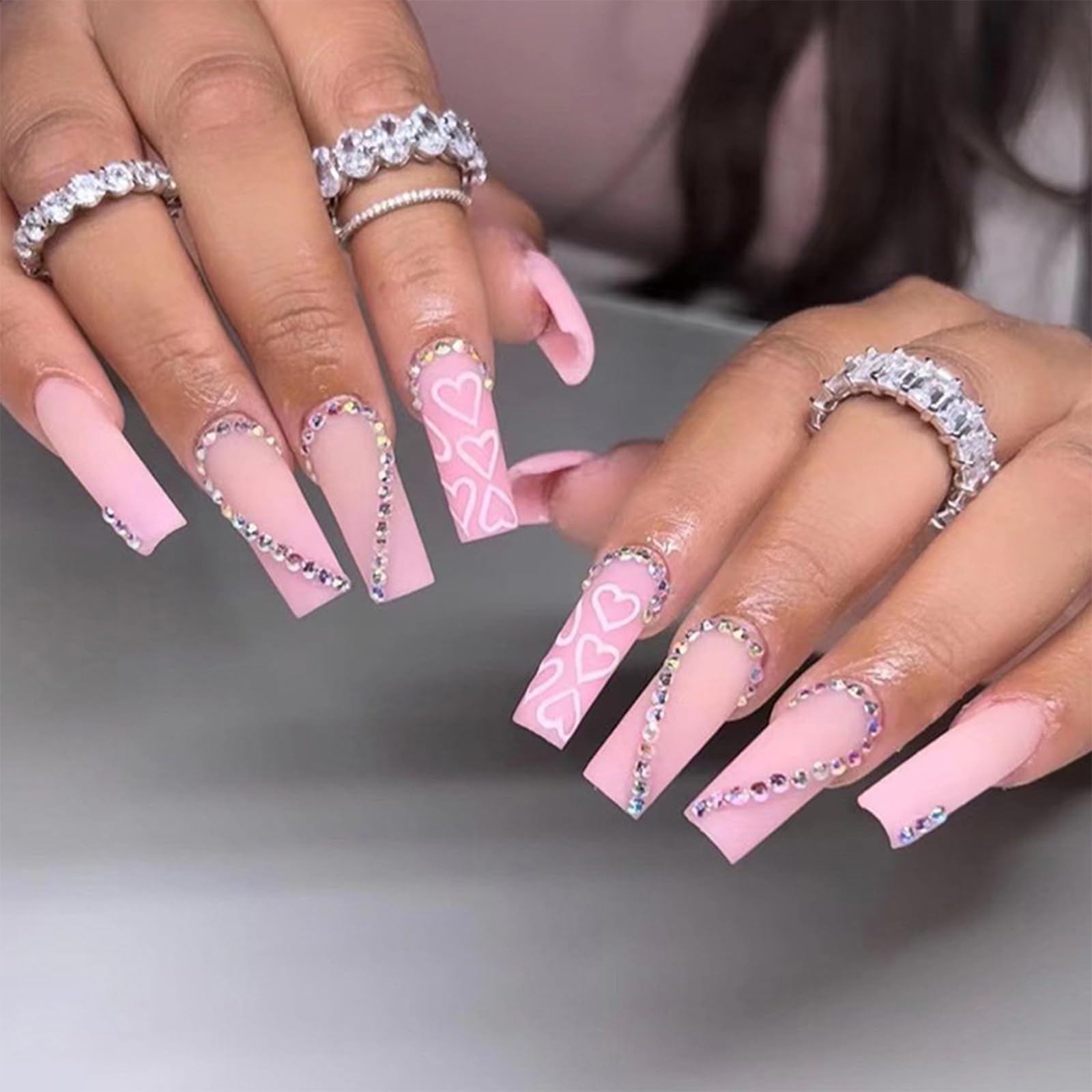24pcs Long Coffin False Nails Pink Heart Stick on Nails Rhinestone Press on Nails Removable Glue-on Nails Fake Nails Valentines Day Women Girls Nail Art Accessories