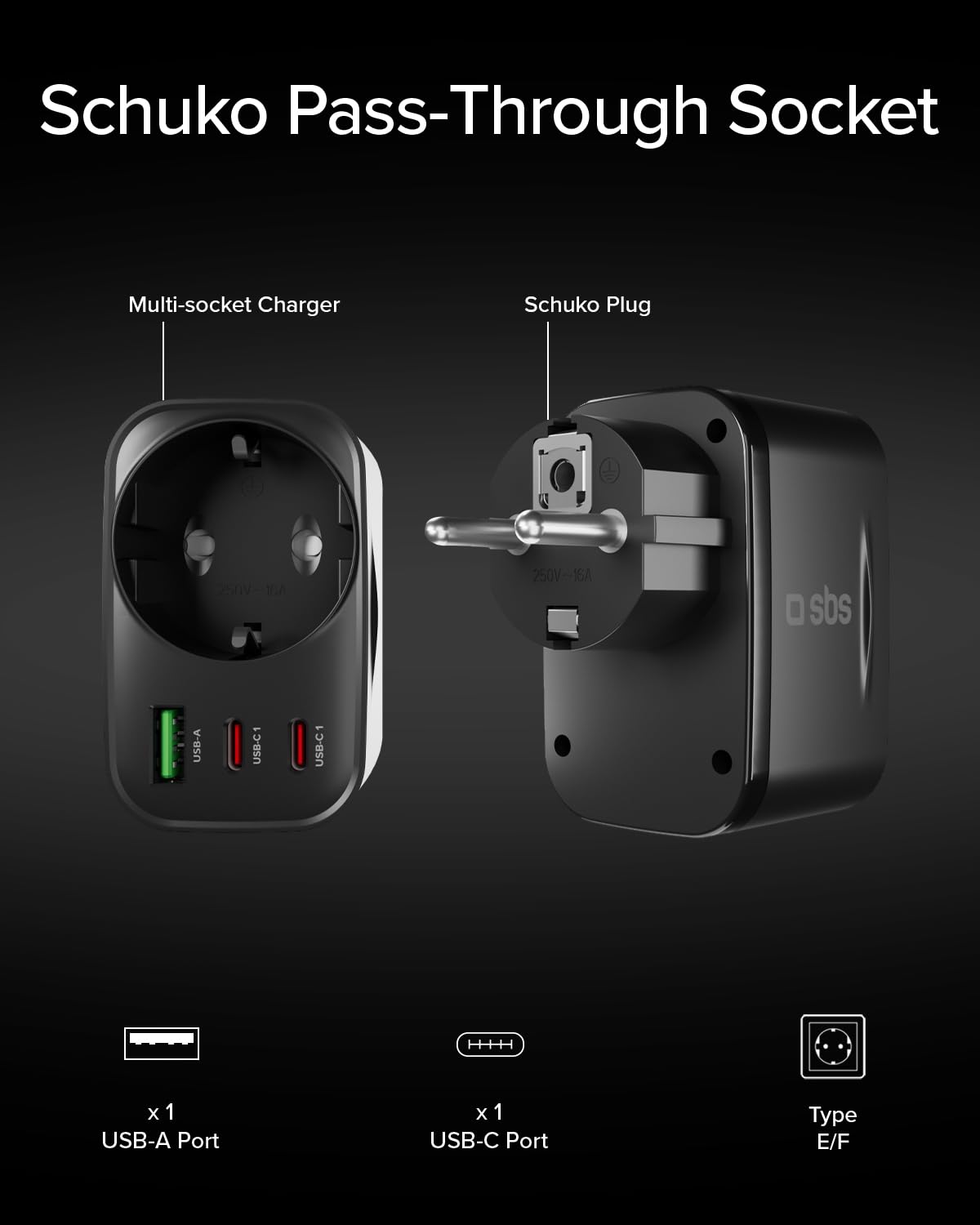 SBS USB-C USB-A Wielogniazdowy Zasilacz, Maks. 3500 W, Gniazdo Schuko z Pass-Through, Power Delivery (PD 3.0 PPS) 30 W, Szybkie ładowanie, do iPhone, Android, Tablet i MacBook Neo, Szary