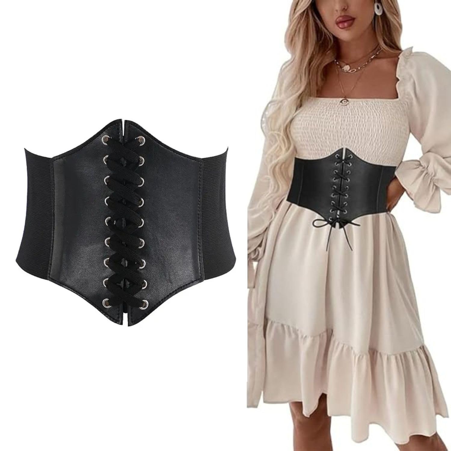 Wide Elastic Corset for Women and Girls Belt Lace Up Tied Vintage Inspired Waist Cincher PU Leather Belts