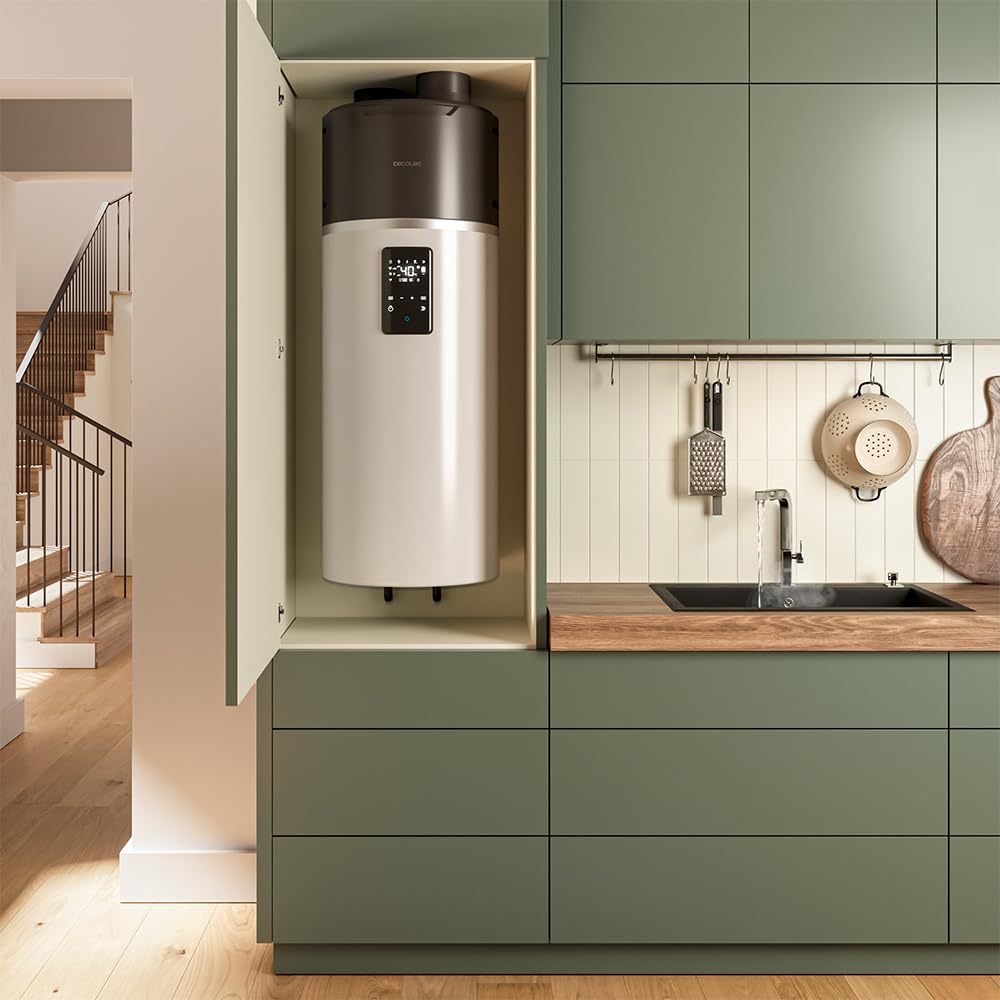 Cecotec Termo con Aerotermia de 100L, Calentador de Agua AeroThermal 100 Water Connected. Energía Sostenible, Bajo Consumo, Pantalla Táctil, Control por APP, R290, Temperatura hasta 75ºC