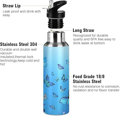 Miniatura 4 de Blue Butterfly - Botella de agua aislada de acero inoxidable con tapa con pajilla, botella de 20 onzas a prueba de fugas para gimnasio y exteriores