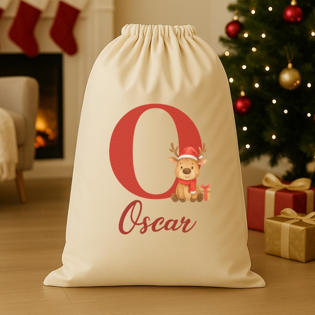 The Gift Project Biege Personalised Christmas Reindeer Initial And Name - Christmas Santa Sack