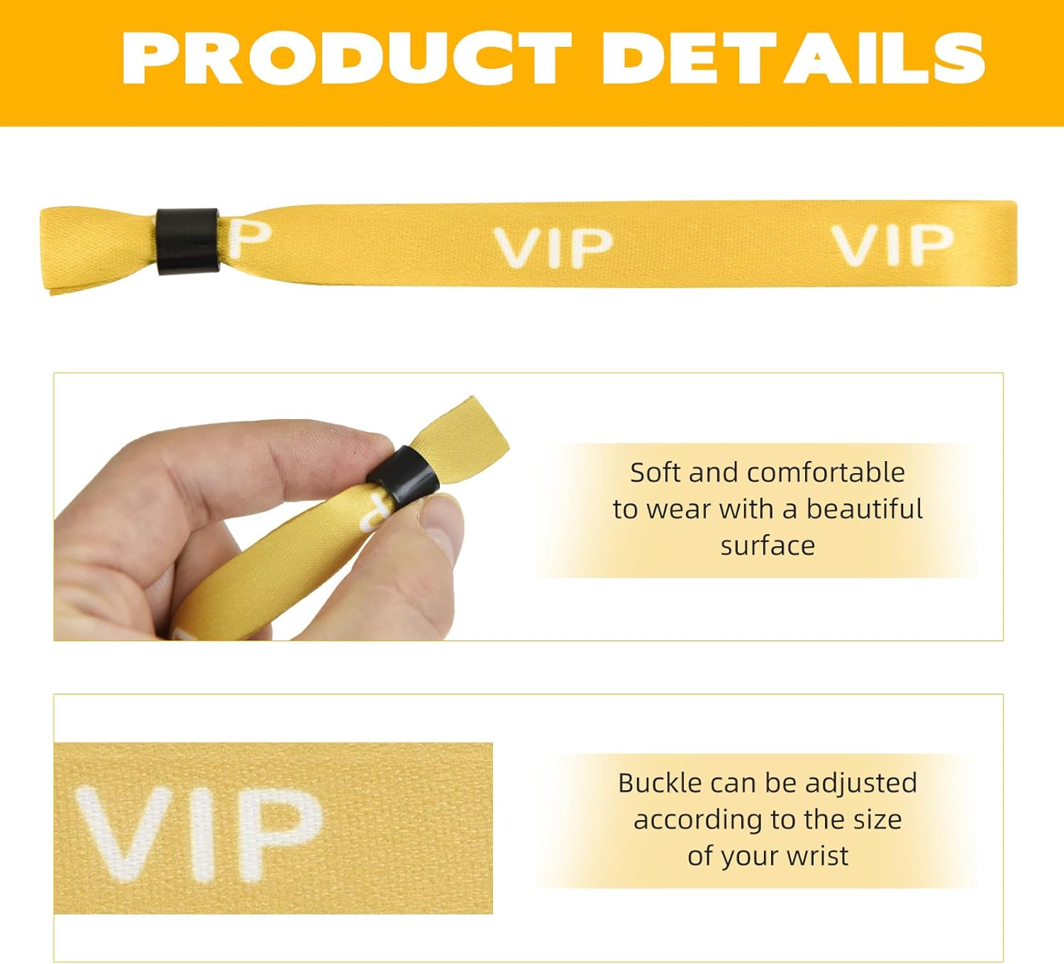 100 Pack VIP Wristbands for Events, Secure Tamper-Proof Cloth Identification Bracelets with One-Time Lock, Adjustable Heat Transfer Printed Entry Bands for Festivals and Parties, Yellow