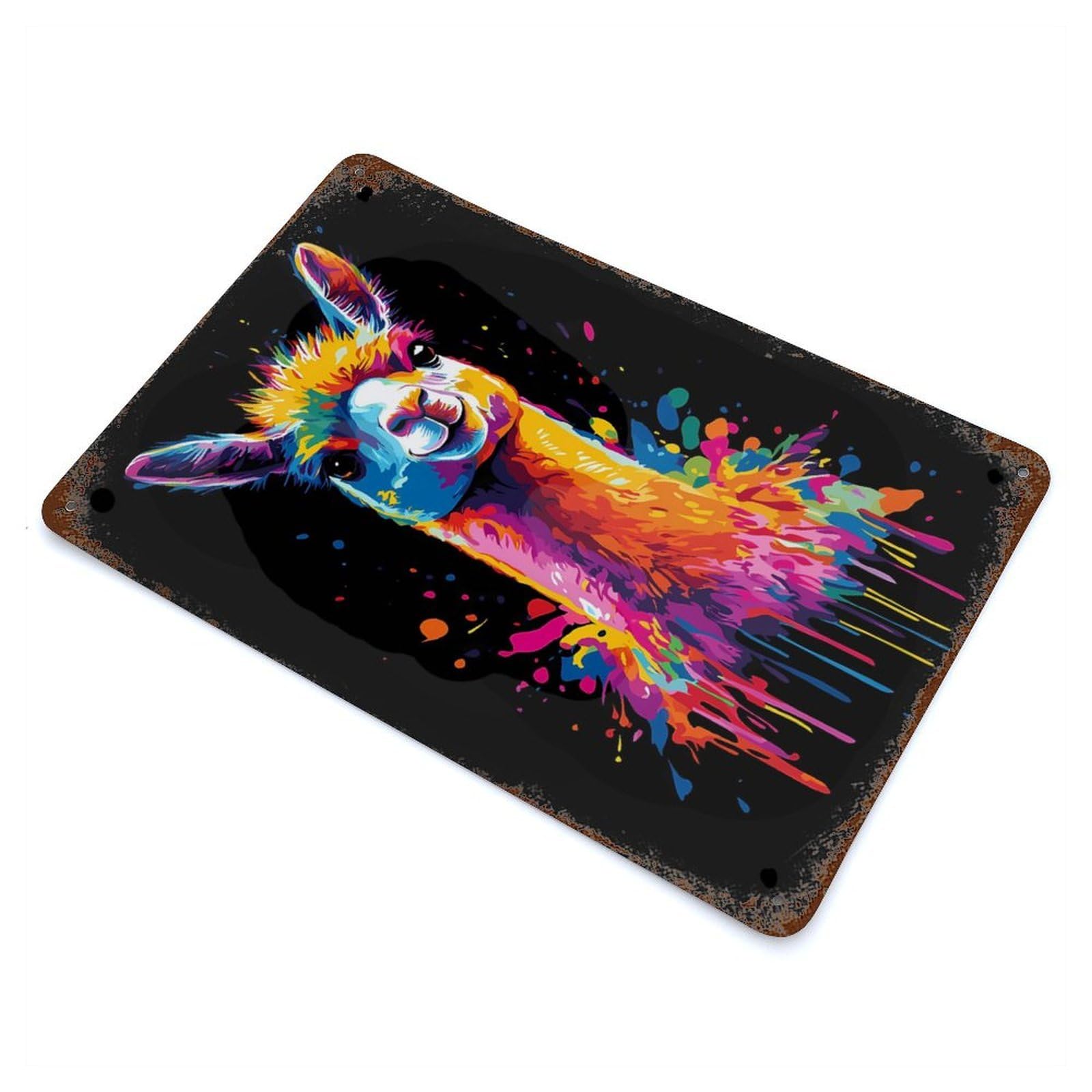 Colorful Llama Portrait Vintage Rust Metal Sign 11.8"x7.9", for Basement, Hobby Room And Garage Decor, Farmhouse Wall Decor
