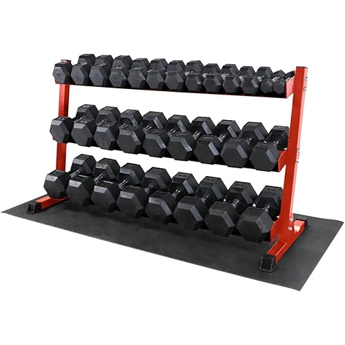 WF Athletic Supply Rubber Coated Hex Dumbbell Set, Multiple Choices Available - Dumbbells with Rack Stand and Mat, or Dumbbells Only (200/550/1200/2100/3000 LB)
