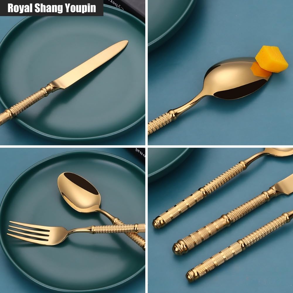 Luce Di Lusso Solido Rilievo Manico Rotondo Cucina Acciaio Inossidabile Posate Stoviglie Posate Set Coltello Da Bistecca Forchetta Cucchiaio Cucchiaino (Oro,5 pezzi)