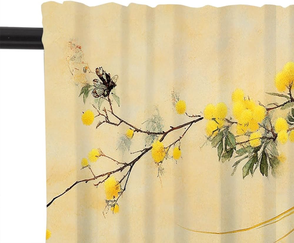 1 Panel Watercolor Yellow Bird Curtain Valance for Windows, Sparrow Floral Tree Rod Pocket Short Window Treatment Decor Drapes for Kitchen, Bathroom, 54" X 18"