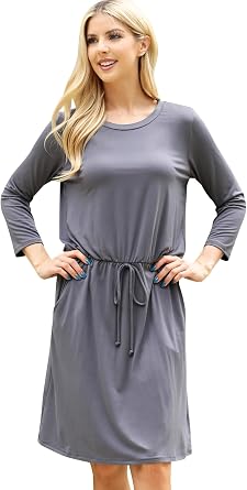 RIAH FASHION Pleated Empire Waist Pocket Jersey Midi Dress - Comfy Round Neck 3/4 Sleeve Shirred Long Swing A-line Dress