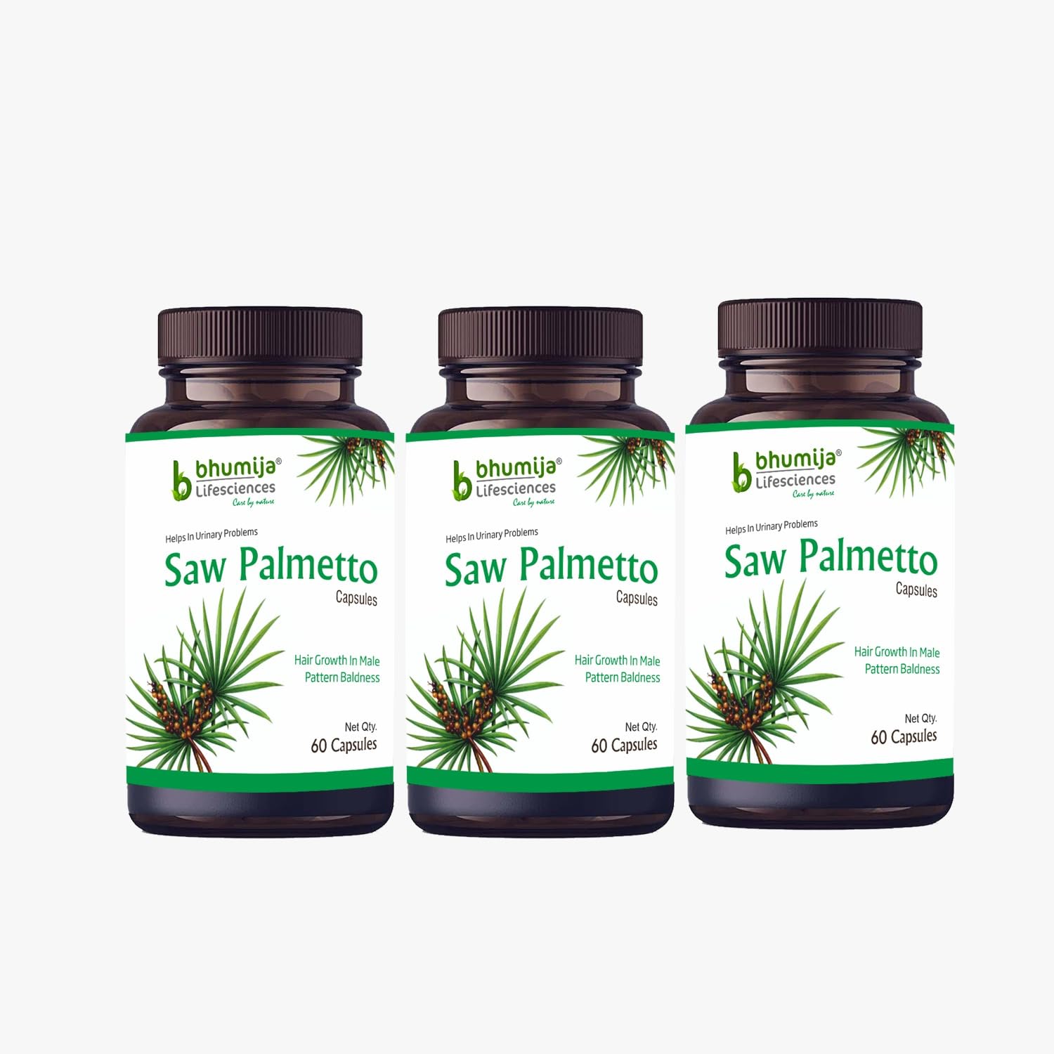 Bhumija Lifesciences Saw Palmetto Extract with Nettle Root 460 mg, 60 Capsules | Prostate Support, Healthy Skin, Hair/Nail Growth, Helpful in Urinary Problems | DHT Blocker (Pack of 3)