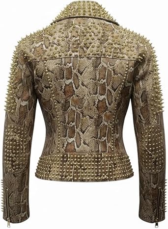 Womens Studded Leather Spiked Biker Moto Jacket Python Snakeskin Pattern Punk Rock Gothic Motorcycle Jacket