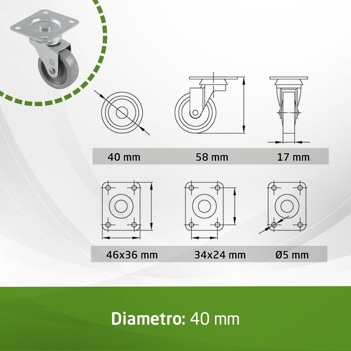 Amig - Pacco di 4 ruote per mobili mod. 2500 con piastra e cuscinetti. Misura: diametro 40 mm. Carico massimo per ruota: 22 kg. Realizzate in nylon, colore grigio, senza freno.