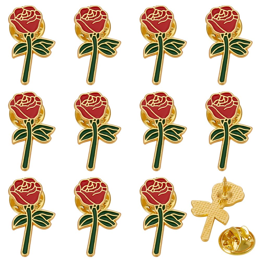 FINGERINSPIRE 12 piezas de broches de rosas, broches de flores rojas de esmalte, broche de rosas de 25.5x15mm, aleación, broches florales para ropa, mochila, broches para hombres y mujeres, amantes de