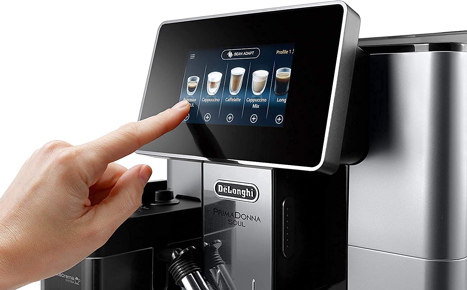 De'Longhi ECAM612.55.SB PrimaDonna Soul Perfetto Macchina Automatica per Caffè in Chicchi, Silver + Decalcificante + Bicchieri