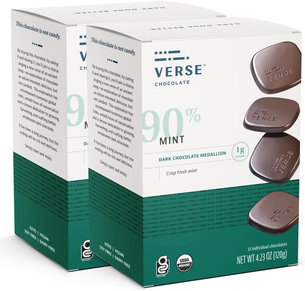 Verse Mint Dark Chocolate Squares | Individually Wrapped, Low Sugar, Vegan, Gluten Free, Keto, Organic & Fair Trade Cocoa, 90% Cacao, 4.23 oz box (Mint, 2 Pack)