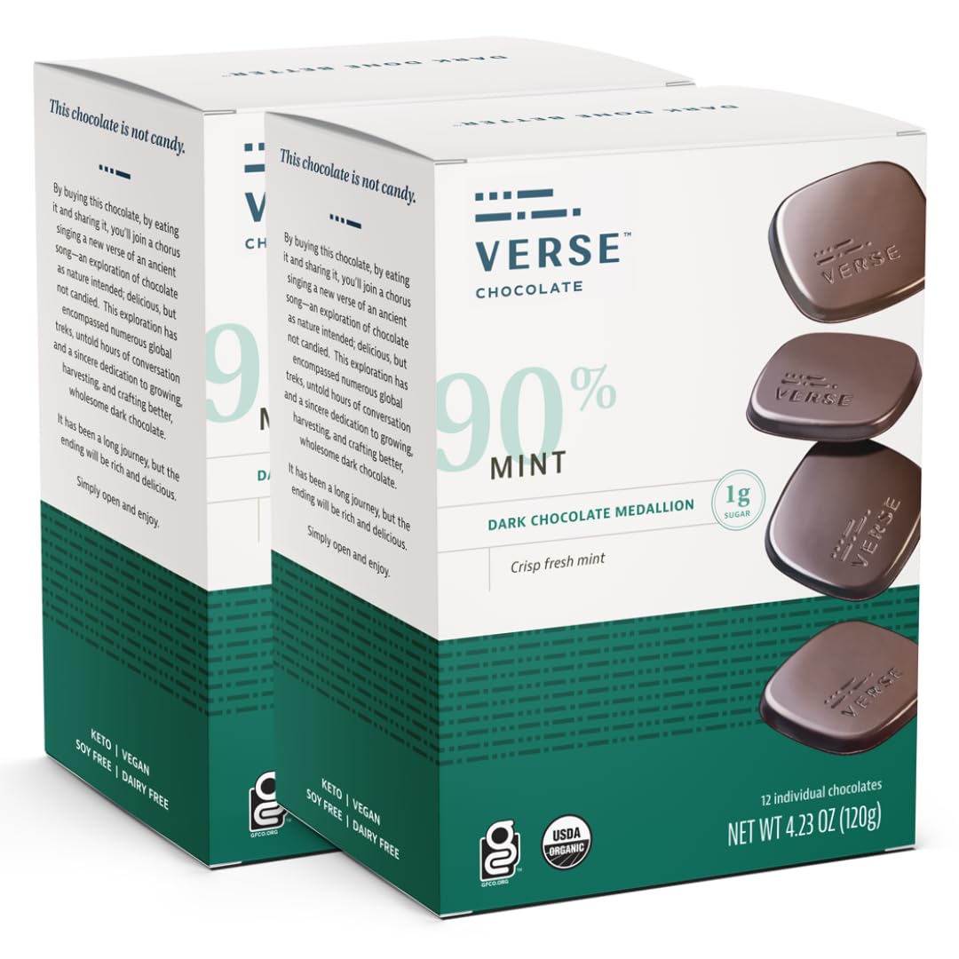 Verse Mint Dark Chocolate Squares | Individually Wrapped, Low Sugar, Vegan, Gluten Free, Keto, Organic & Fair Trade Cocoa, 90% Cacao, 4.23 oz box (Mint, 2 Pack)