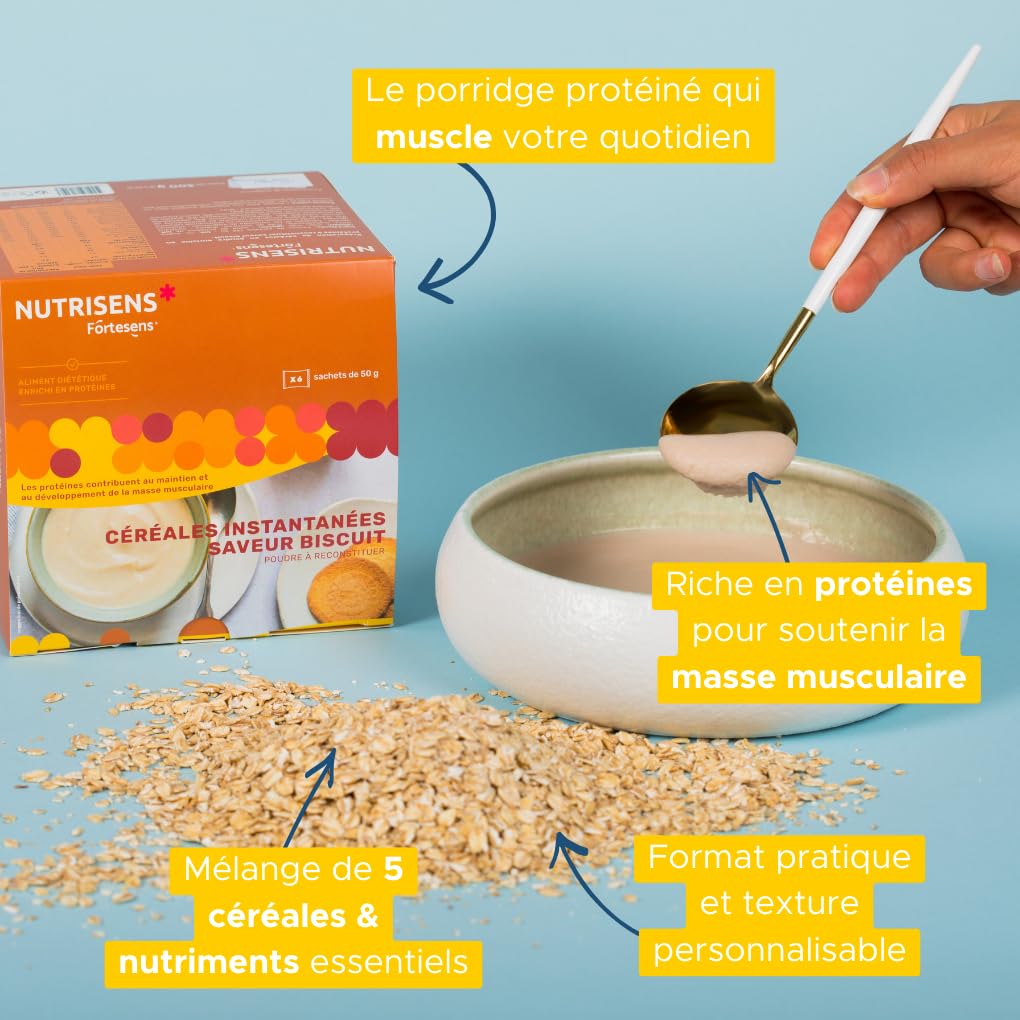NUTRISENS - Porridge Protéiné - Saveur Biscuit - Sachets 50g | 27g de protéines / 100g - 12 vitamines et minéraux. Petit-déjeuner ou collation idéal pour sportifs, adultes et seniors.