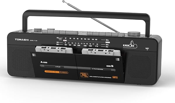 Cassette tape player with stereo sound, dual tape deck, 3-band radio, USB/TF card playback, tape to USB/TF card recording
