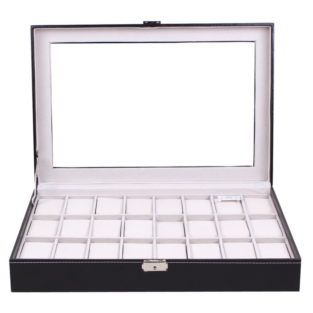 COFANETTO PORTA OROLOGI 24 POSTI IN SIMILPELLE COPERCHIO IN VETRO 43x28x9,5CM
