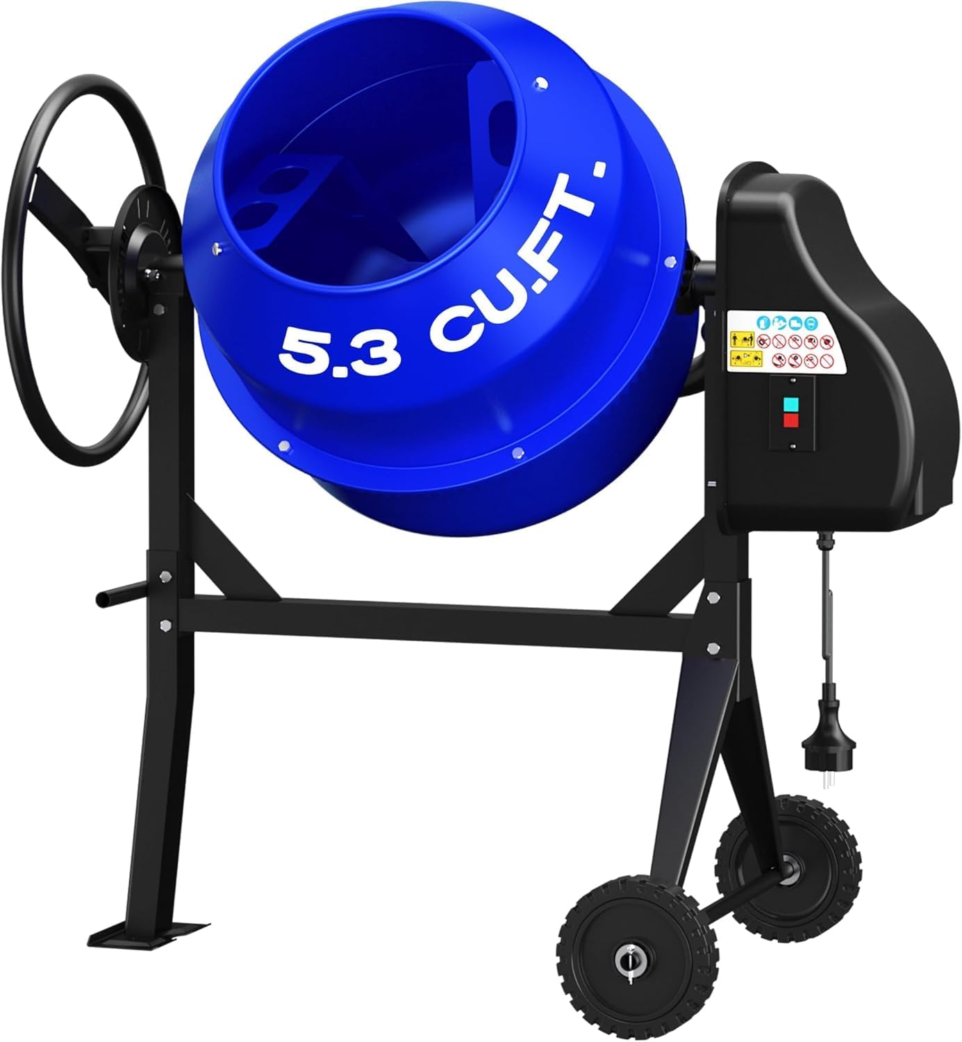 Electric Concrete Mixer, 5.3 Cubic Ft, 1HP. 750W Portable Concrete Mixer Machine with Stand & Wheels for Stucco, Mortar, Seeds, Blue