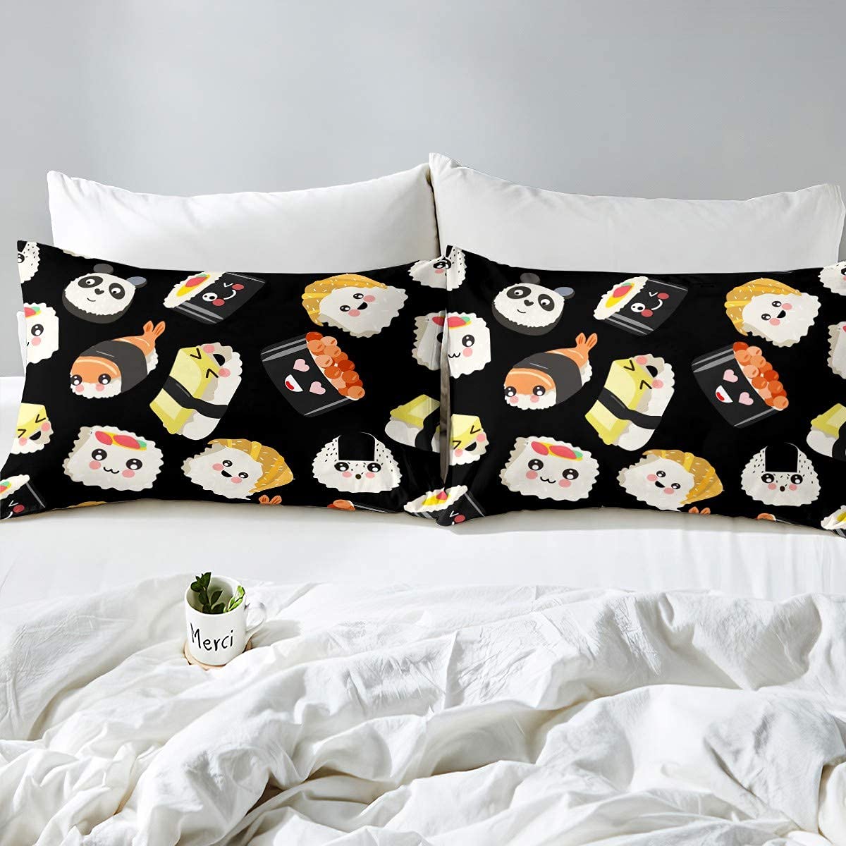 Juego de funda de edredón de sushi súper King, juego de ropa de cama de sushi kawaii con dibujos animados de dibujos animados de estilo japonés, juego de funda de edredón con estampado de alimentos