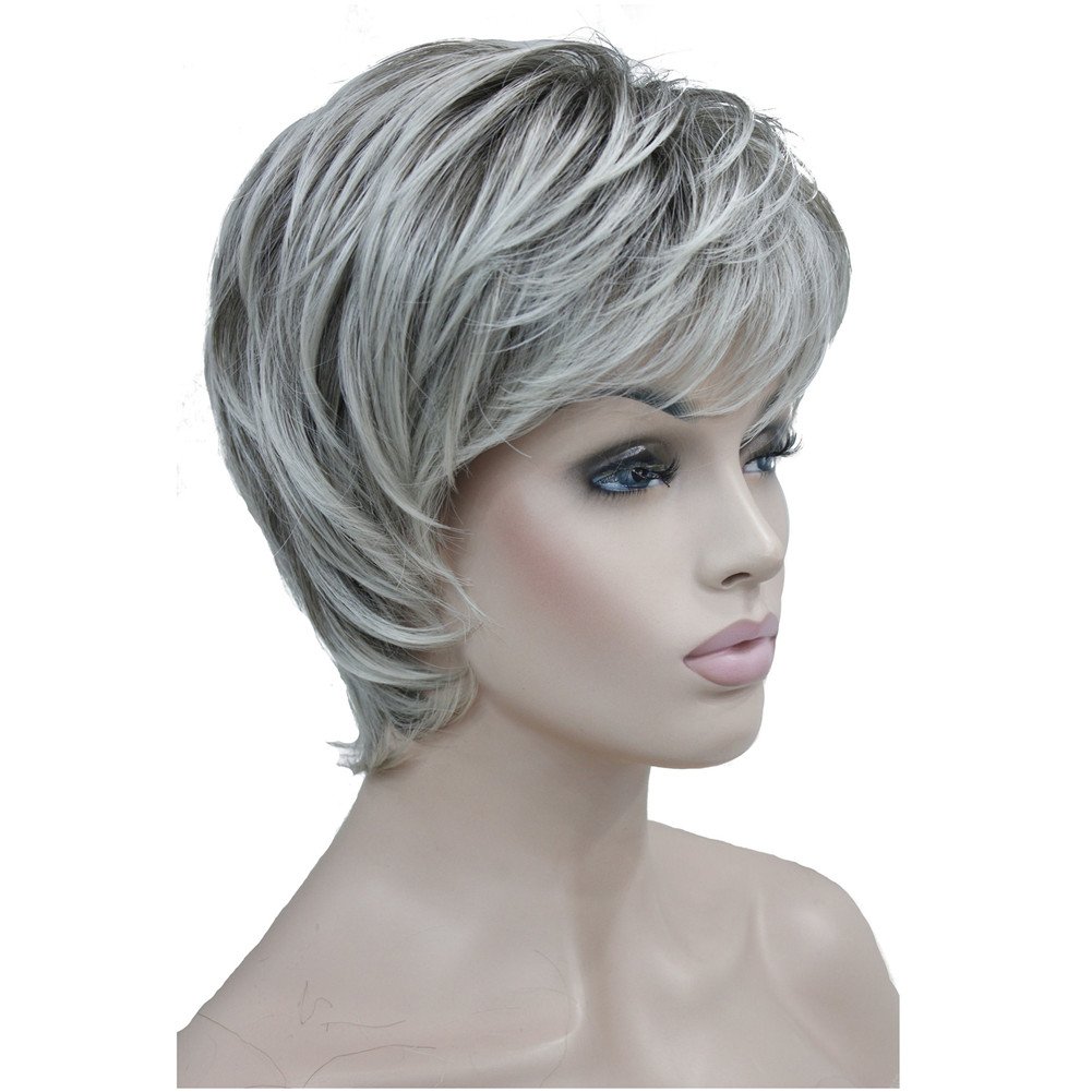 Aimole Short Layered Body Wave Wigs Synthetic Women's Wig Full Hair (48T Gray with Dark Root) - Image 3
